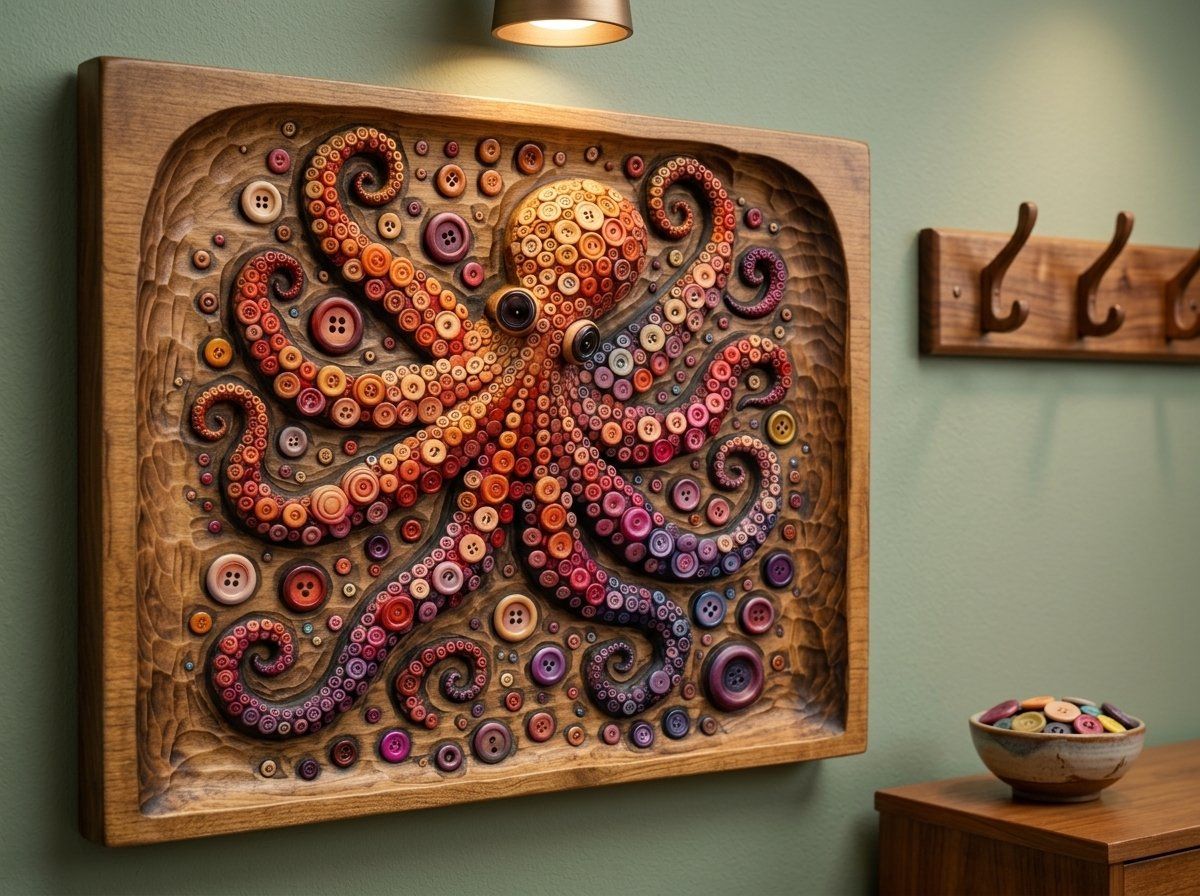 Octopus Button Mosaic Wood Panel CNC Relief STL bas-relief STL — view 14