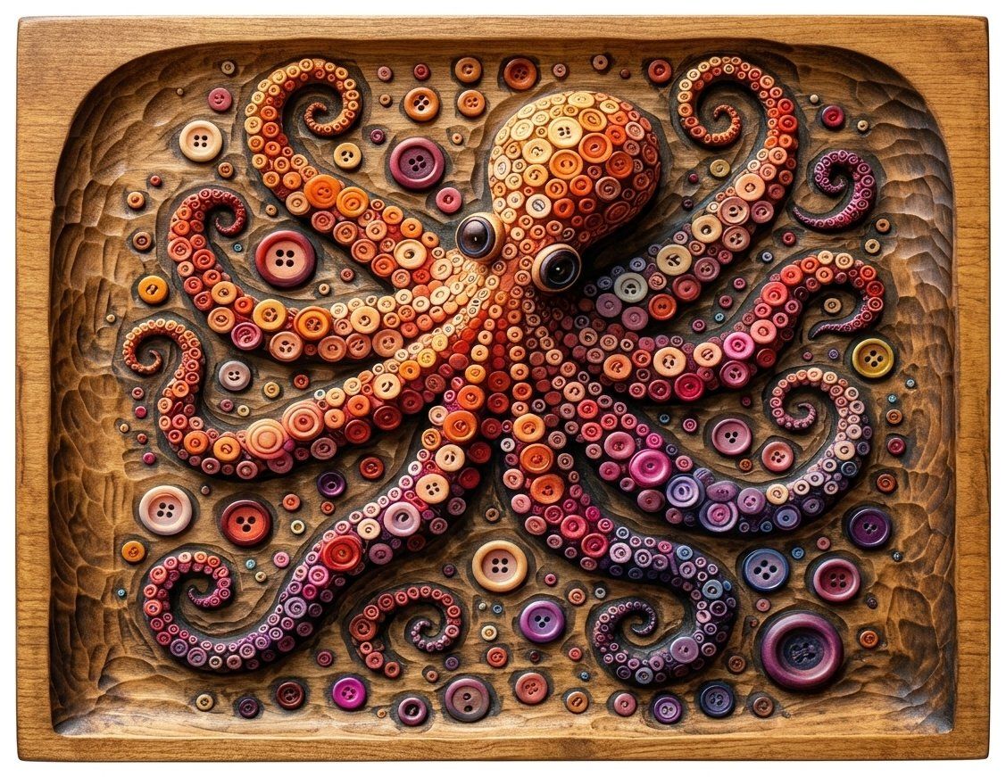 Octopus Button Mosaic Wood Panel CNC Relief STL bas-relief STL — view 12