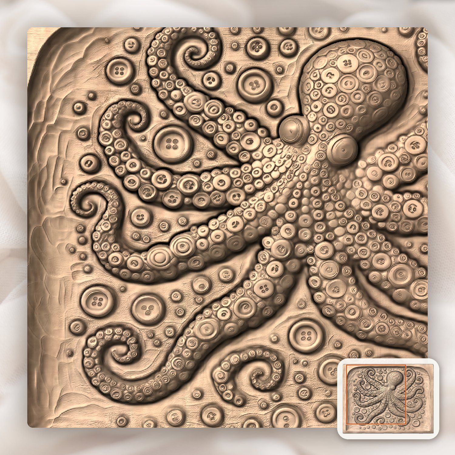 Octopus Button Mosaic Wood Panel CNC Relief STL bas-relief STL — view 6