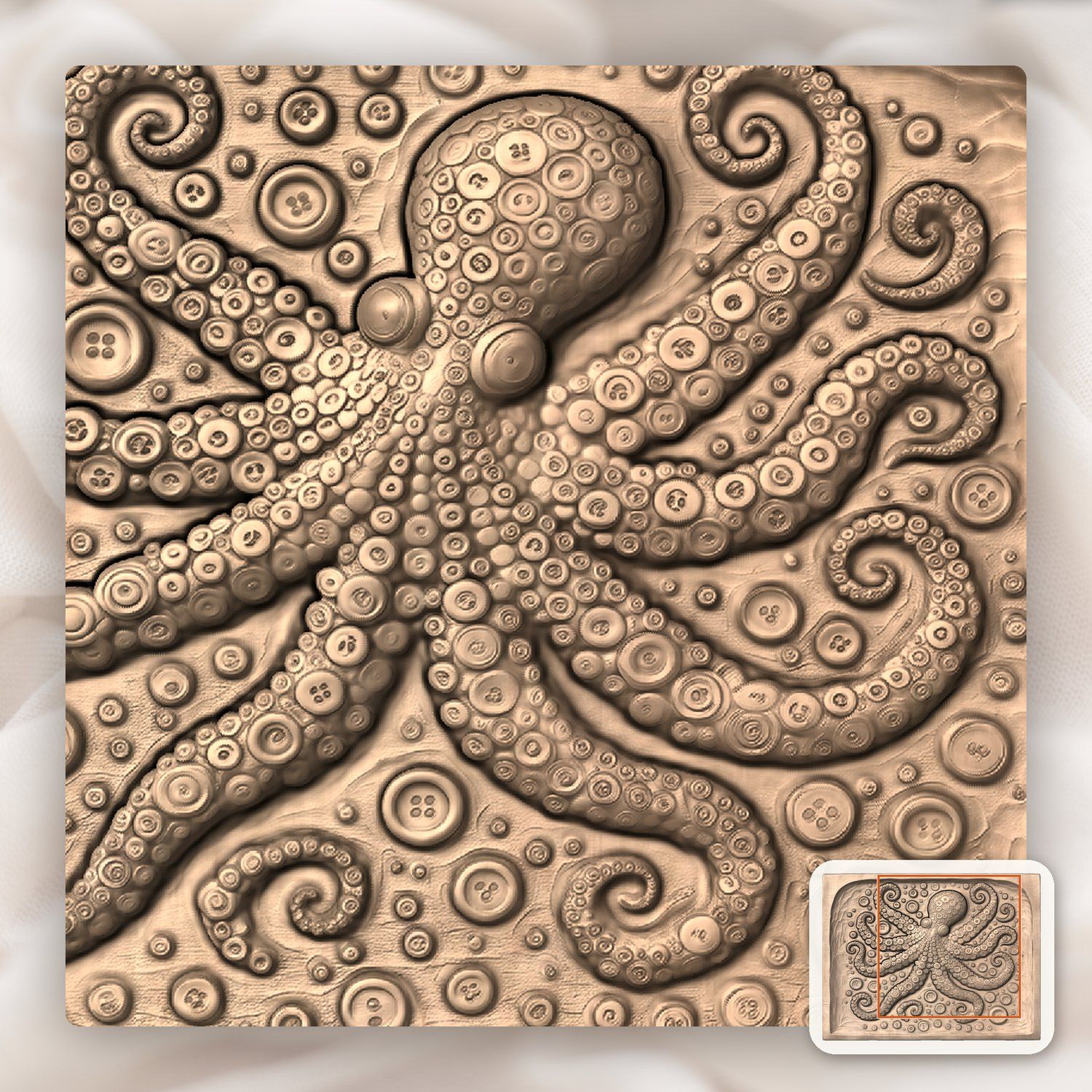 Octopus Button Mosaic Wood Panel CNC Relief STL bas-relief STL — view 7