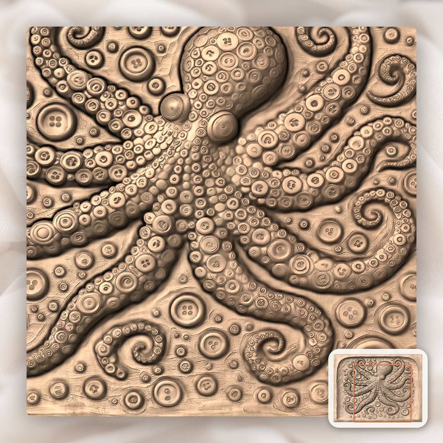 Octopus Button Mosaic Wood Panel CNC Relief STL bas-relief STL — view 9