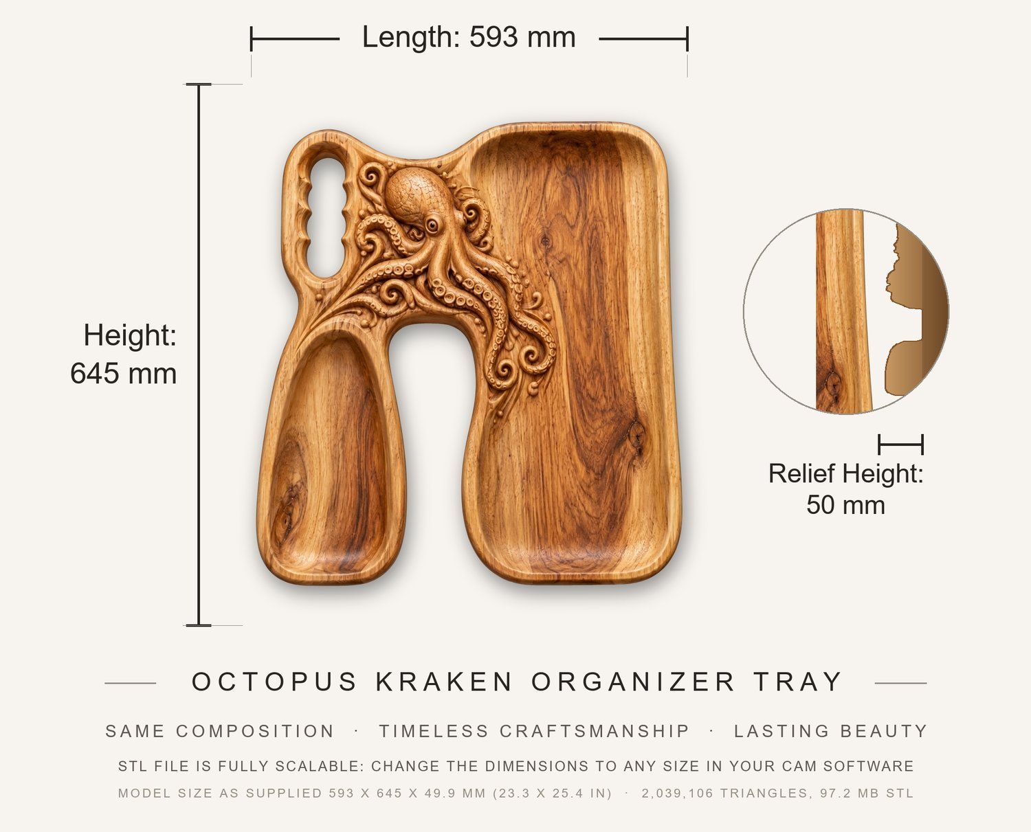 Octopus Kraken Organizer Tray CNC Relief STL bas-relief STL — view 3