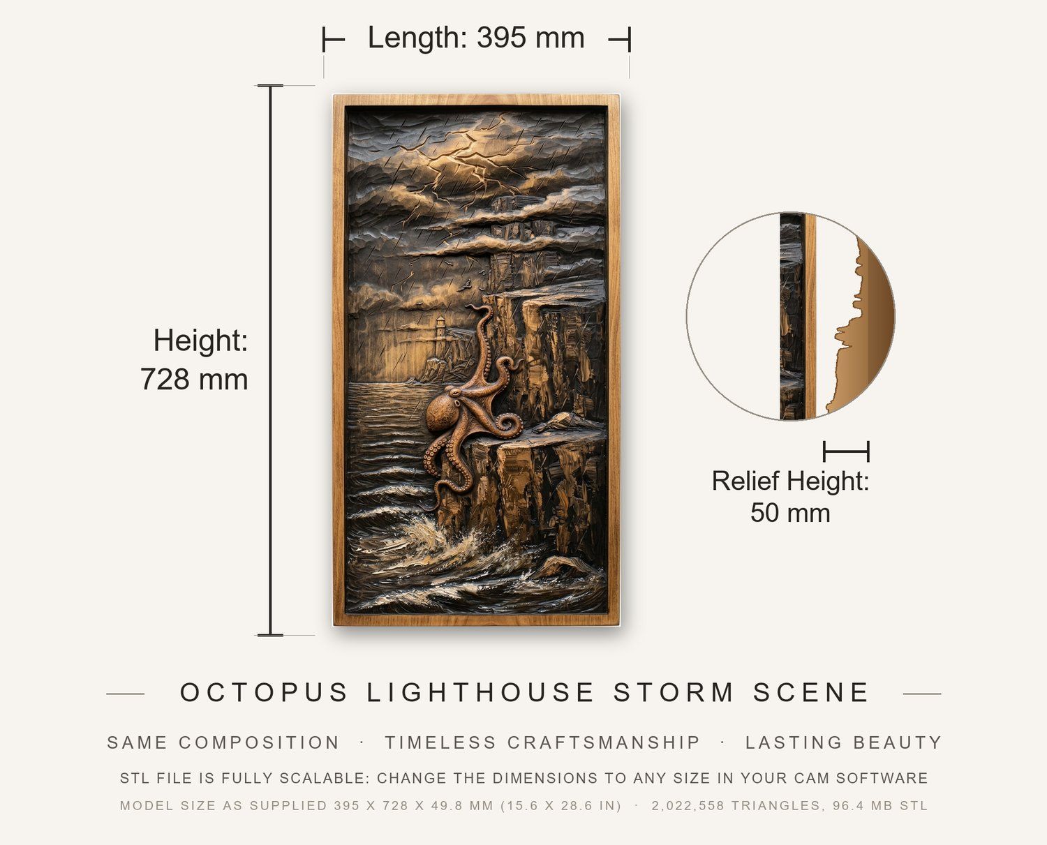 Octopus Lighthouse Storm Scene CNC Relief STL bas-relief STL — view 3