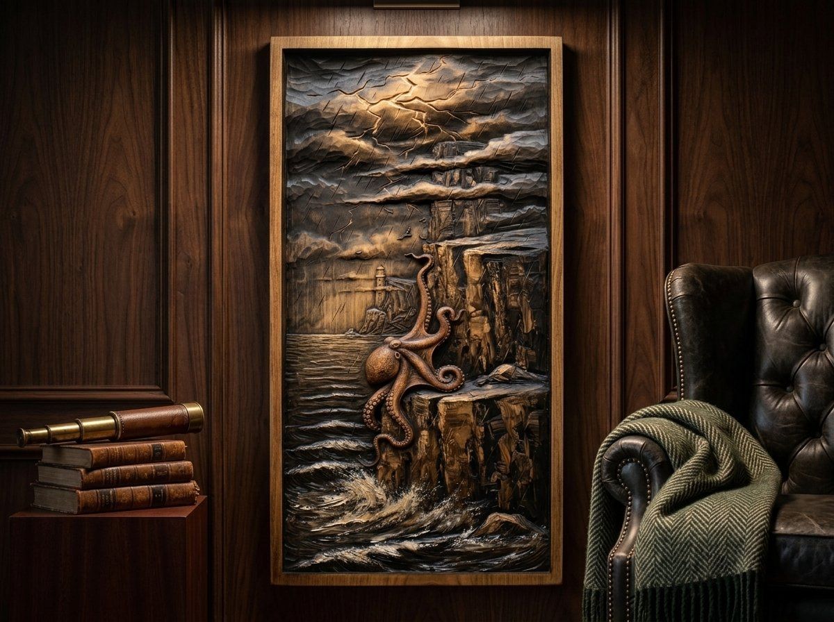 Octopus Lighthouse Storm Scene CNC Relief STL bas-relief STL — view 14