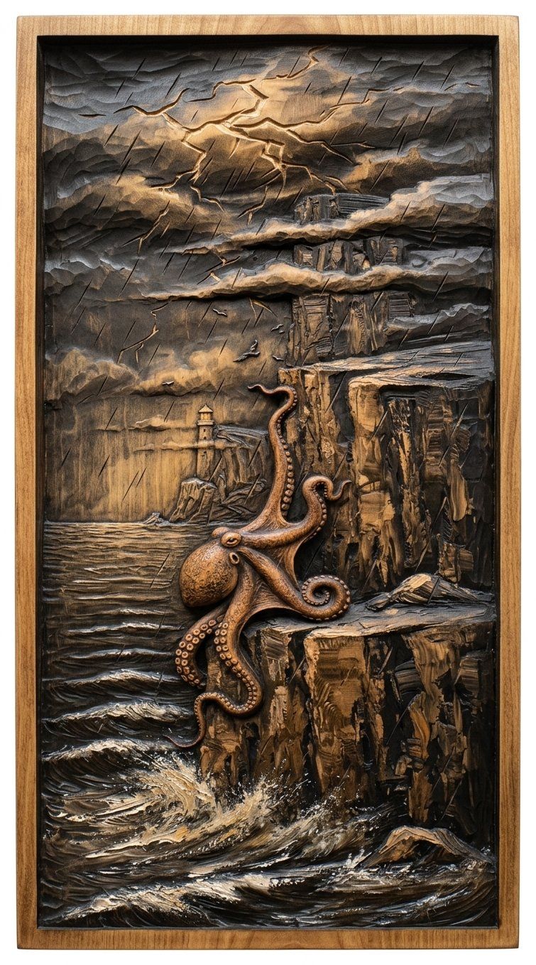 Octopus Lighthouse Storm Scene CNC Relief STL bas-relief STL — view 4