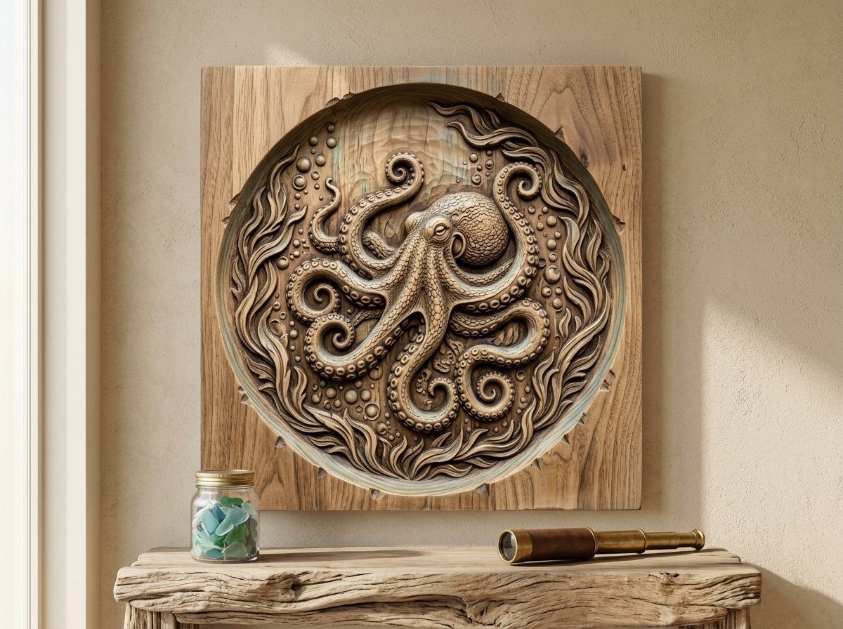 Octopus Nautical Serving Tray CNC Relief STL bas-relief STL — view 9