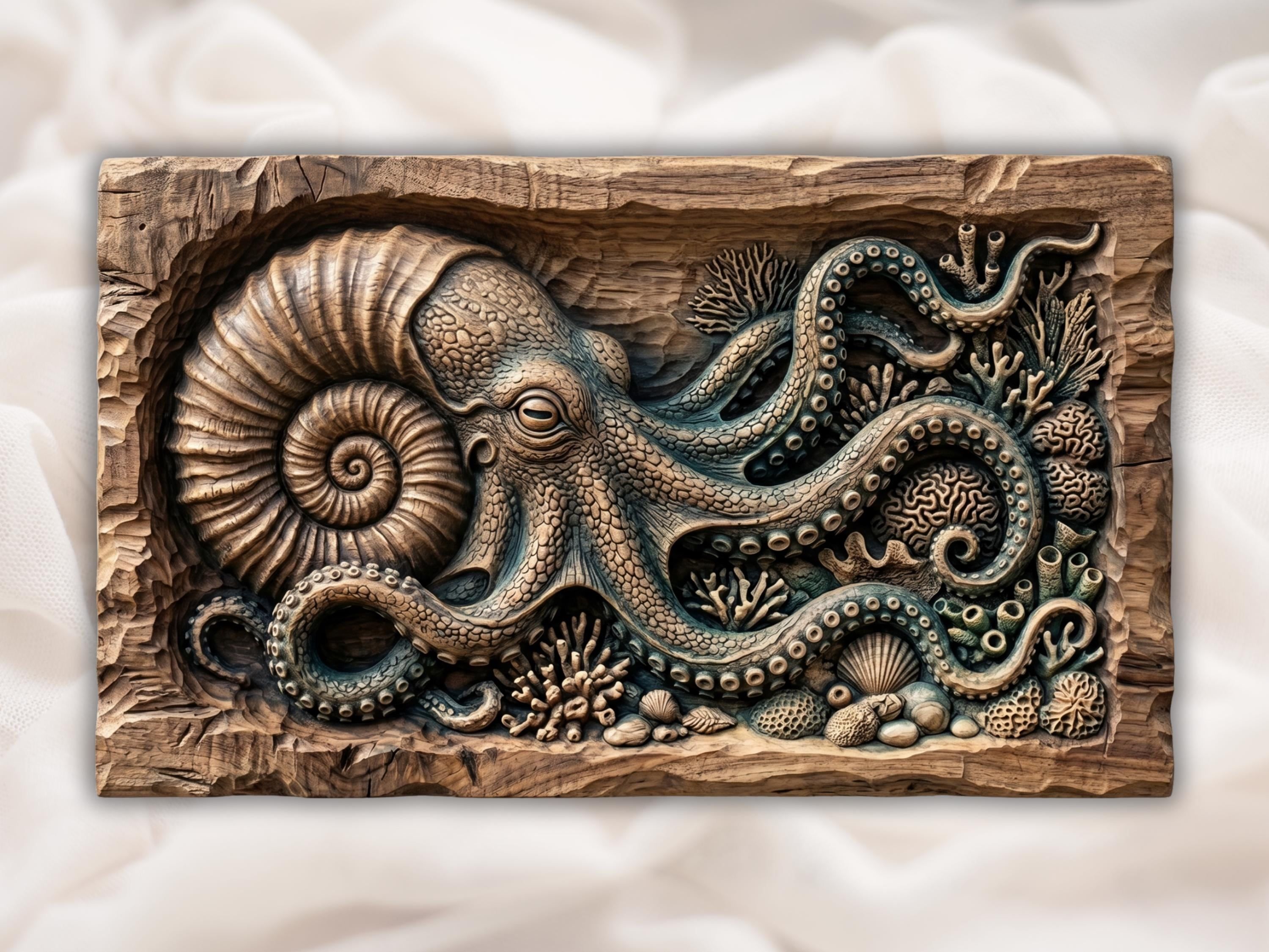 Carved wood bas-relief of an octopus with curling tentacles over coral, shells, and rocky seabed.