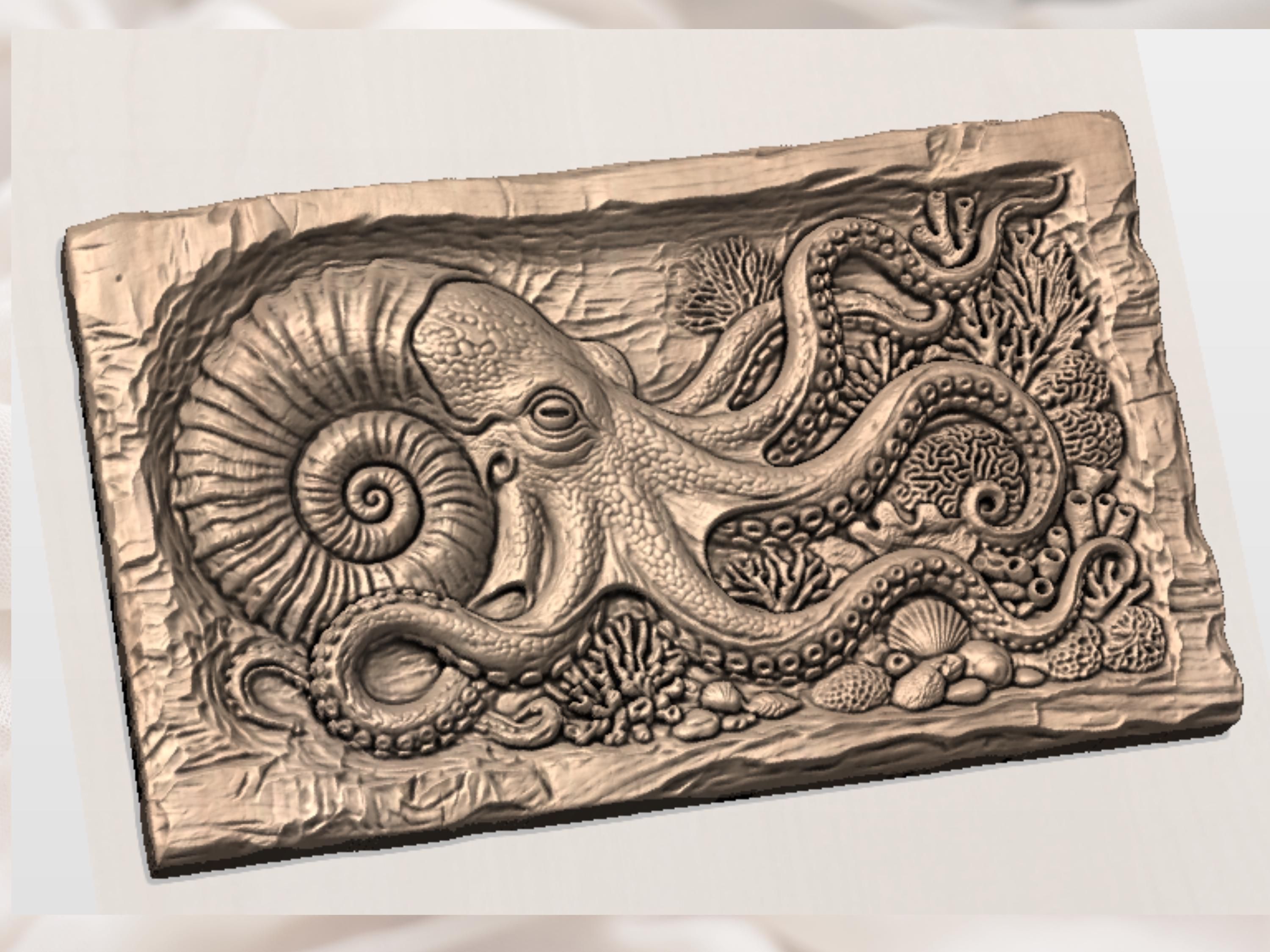 Giant Octopus and Coral Reef Bas-Relief STL Carving bas-relief STL — view 2