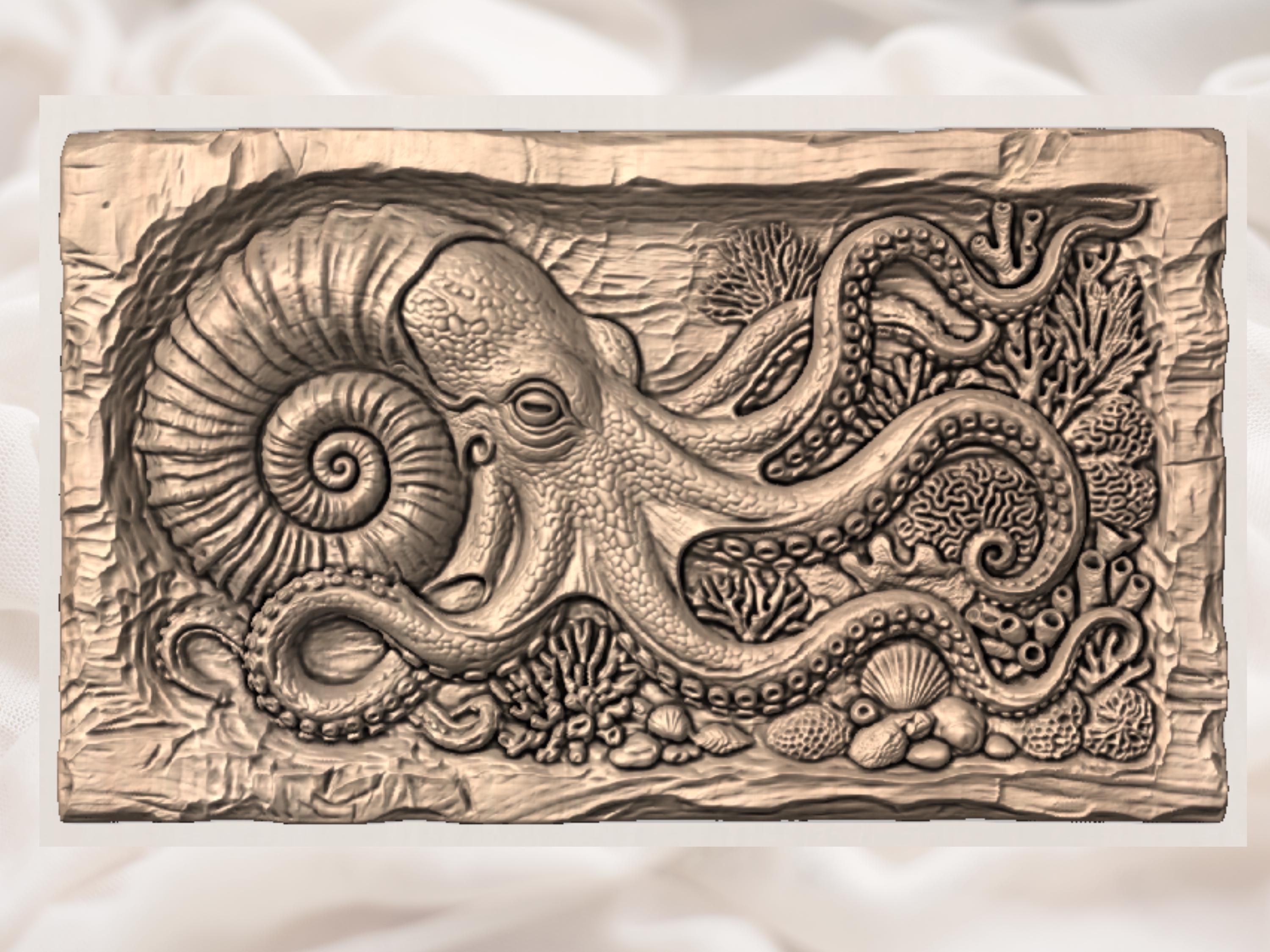 Giant Octopus and Coral Reef Bas-Relief STL Carving bas-relief STL — view 3