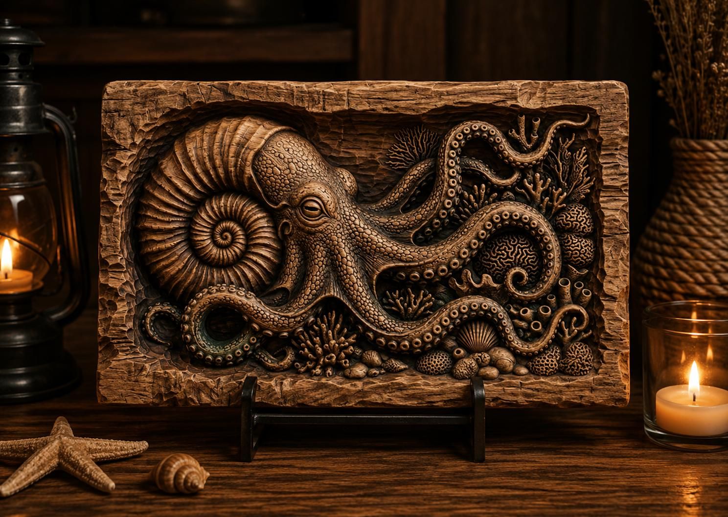 Giant Octopus and Coral Reef Bas-Relief STL Carving bas-relief STL — view 4