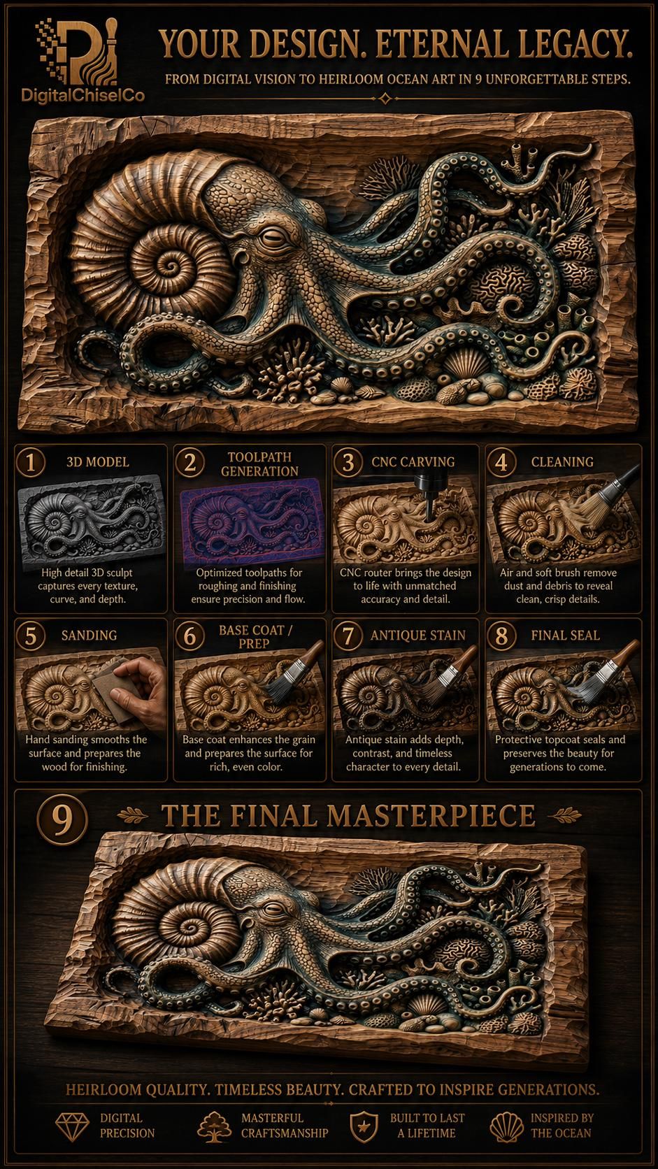 Giant Octopus and Coral Reef Bas-Relief STL Carving bas-relief STL — view 5