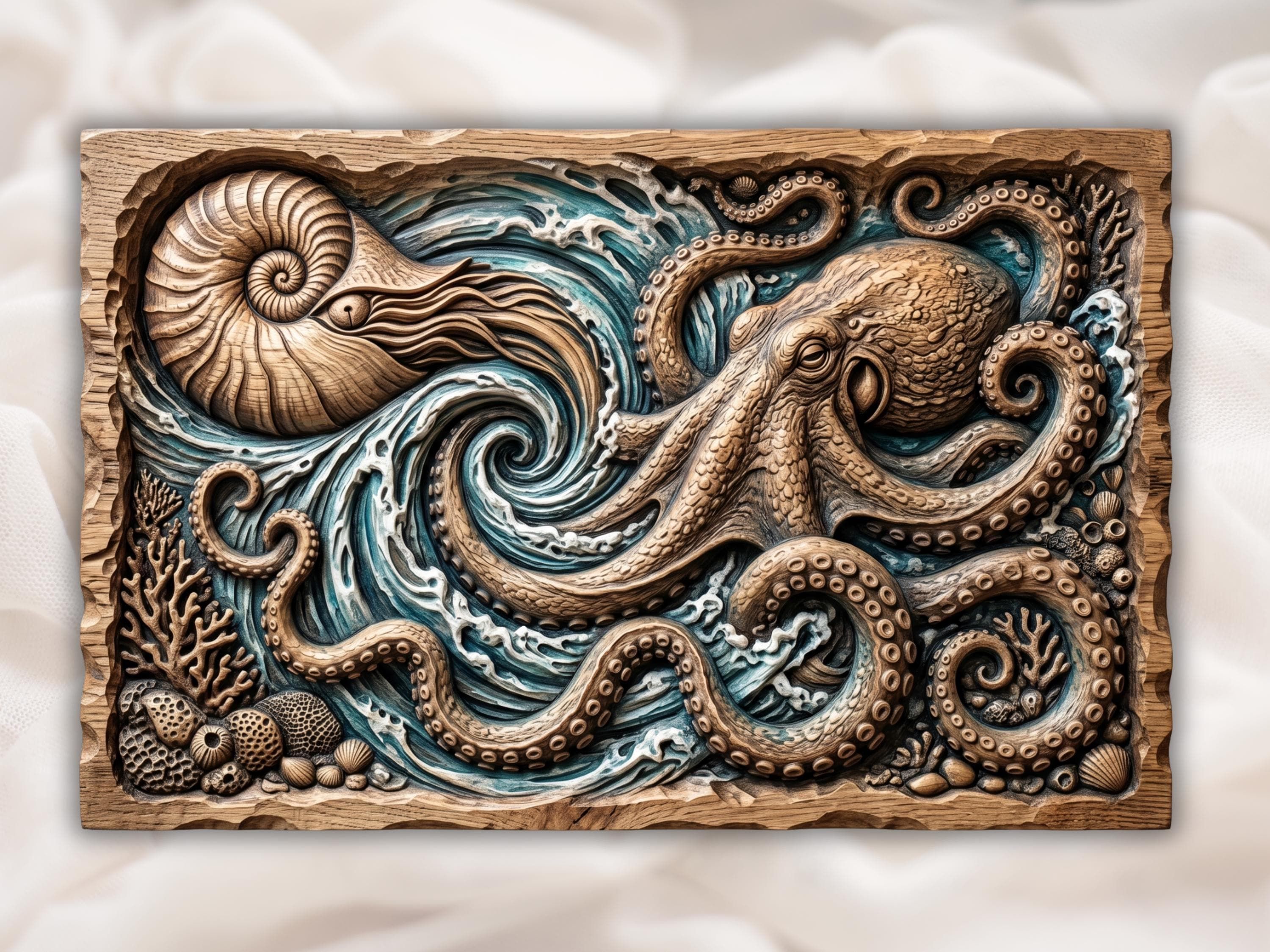 Bas-relief wood carving of an octopus with coiling tentacles rolling through swirling crashing ocean waves