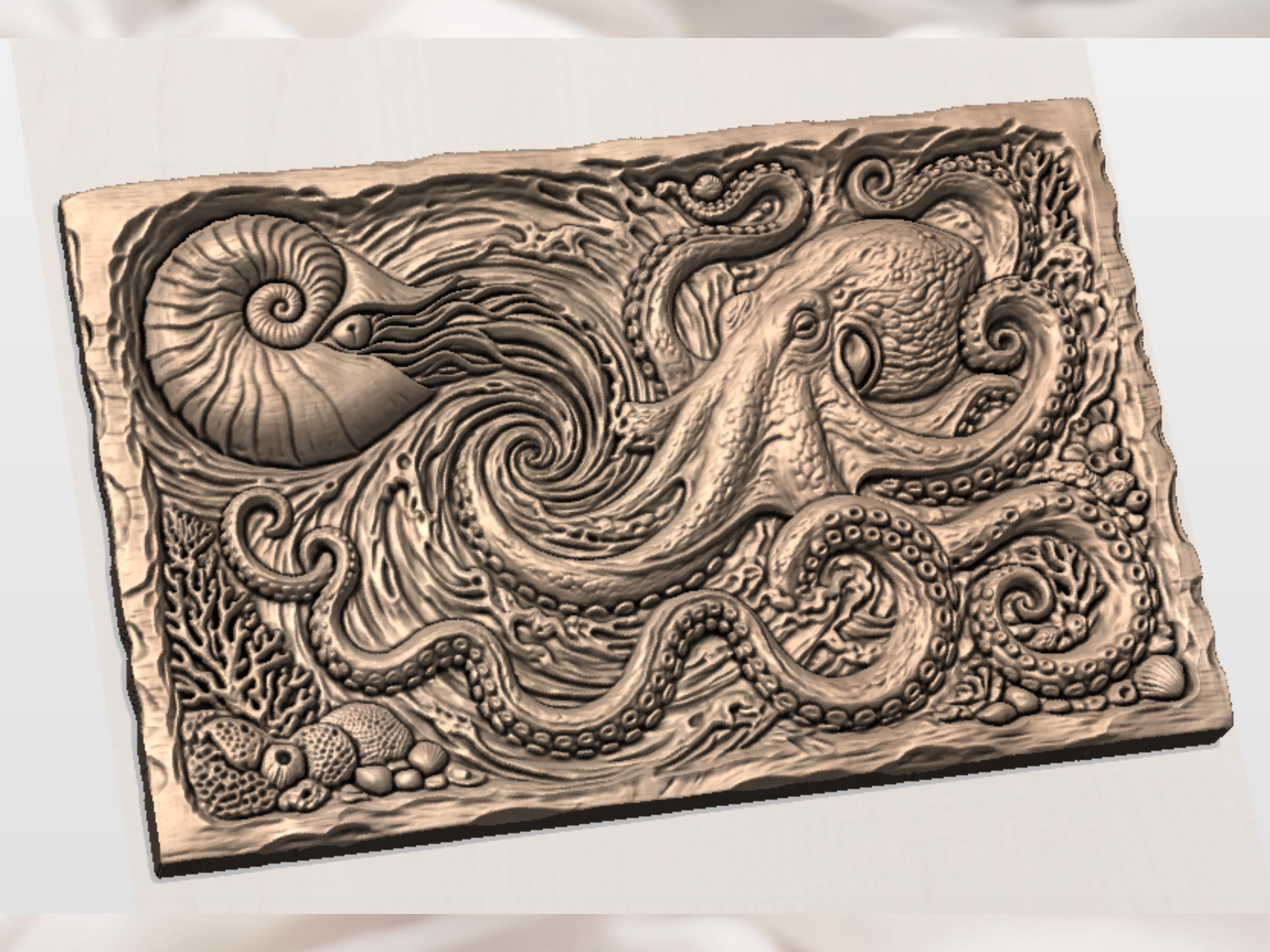Octopus and Crashing Wave Bas-Relief Ocean Carving bas-relief STL — view 2