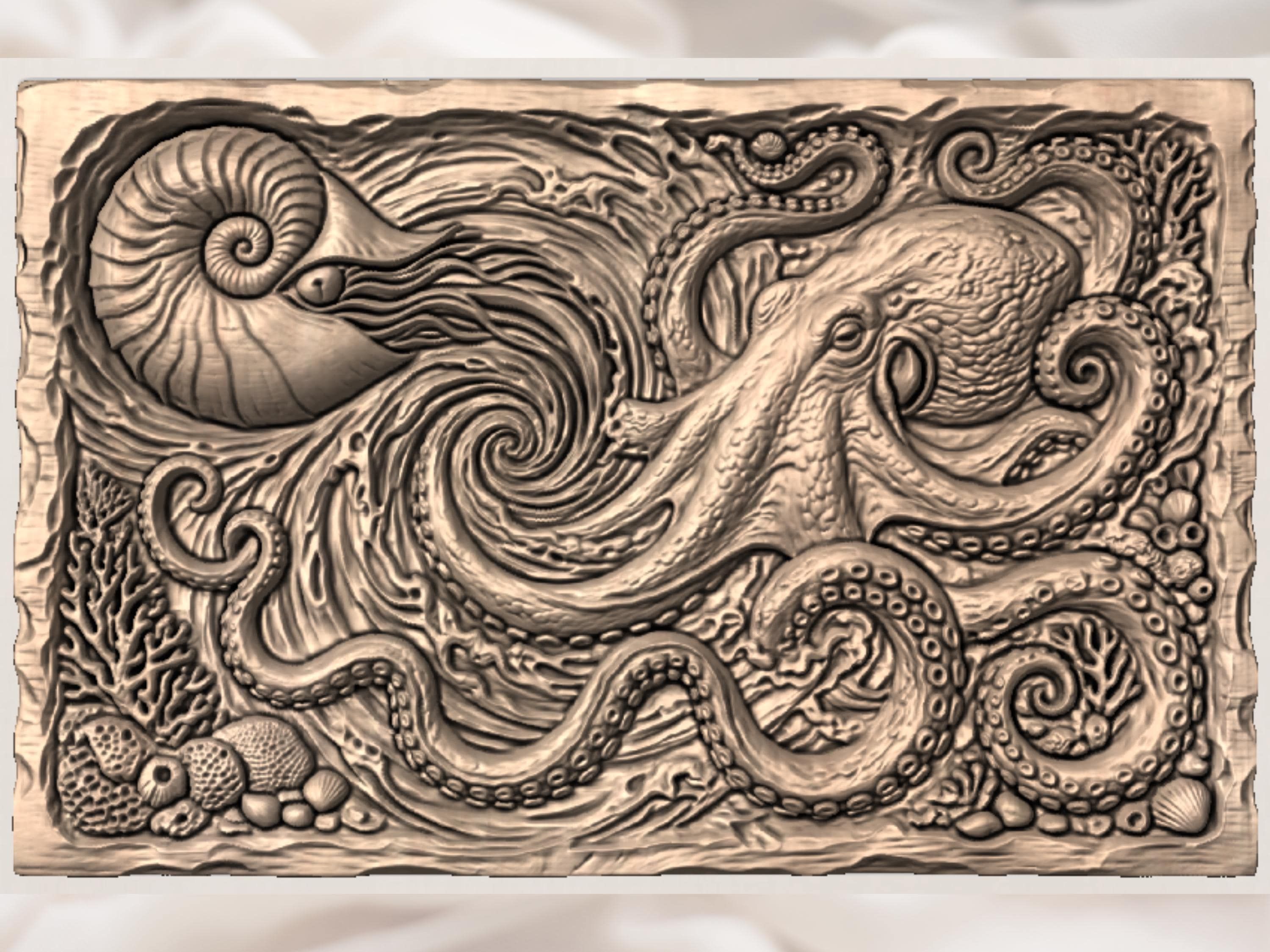Octopus and Crashing Wave Bas-Relief Ocean Carving bas-relief STL — view 3