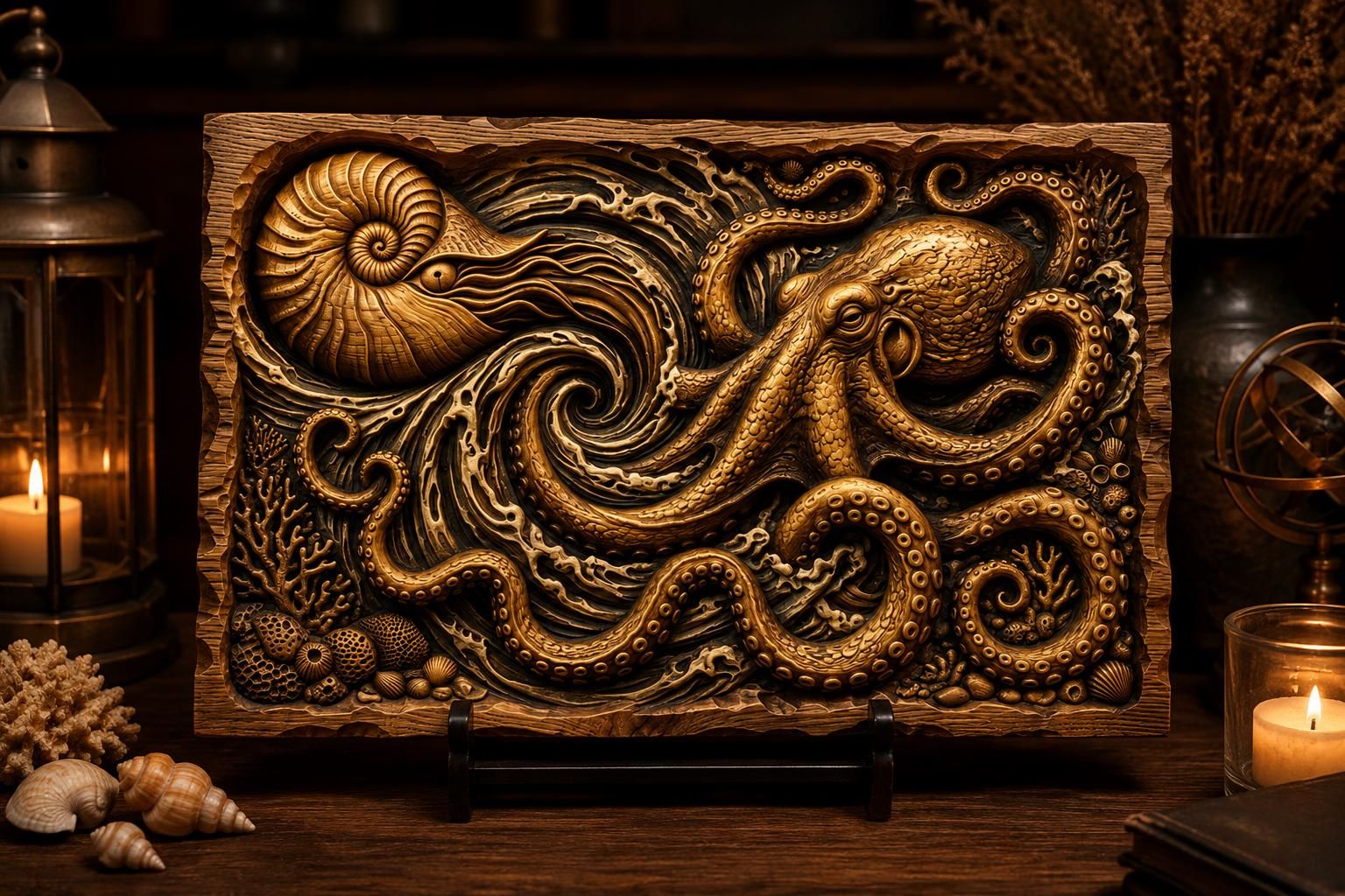 Octopus and Crashing Wave Bas-Relief Ocean Carving bas-relief STL — view 4