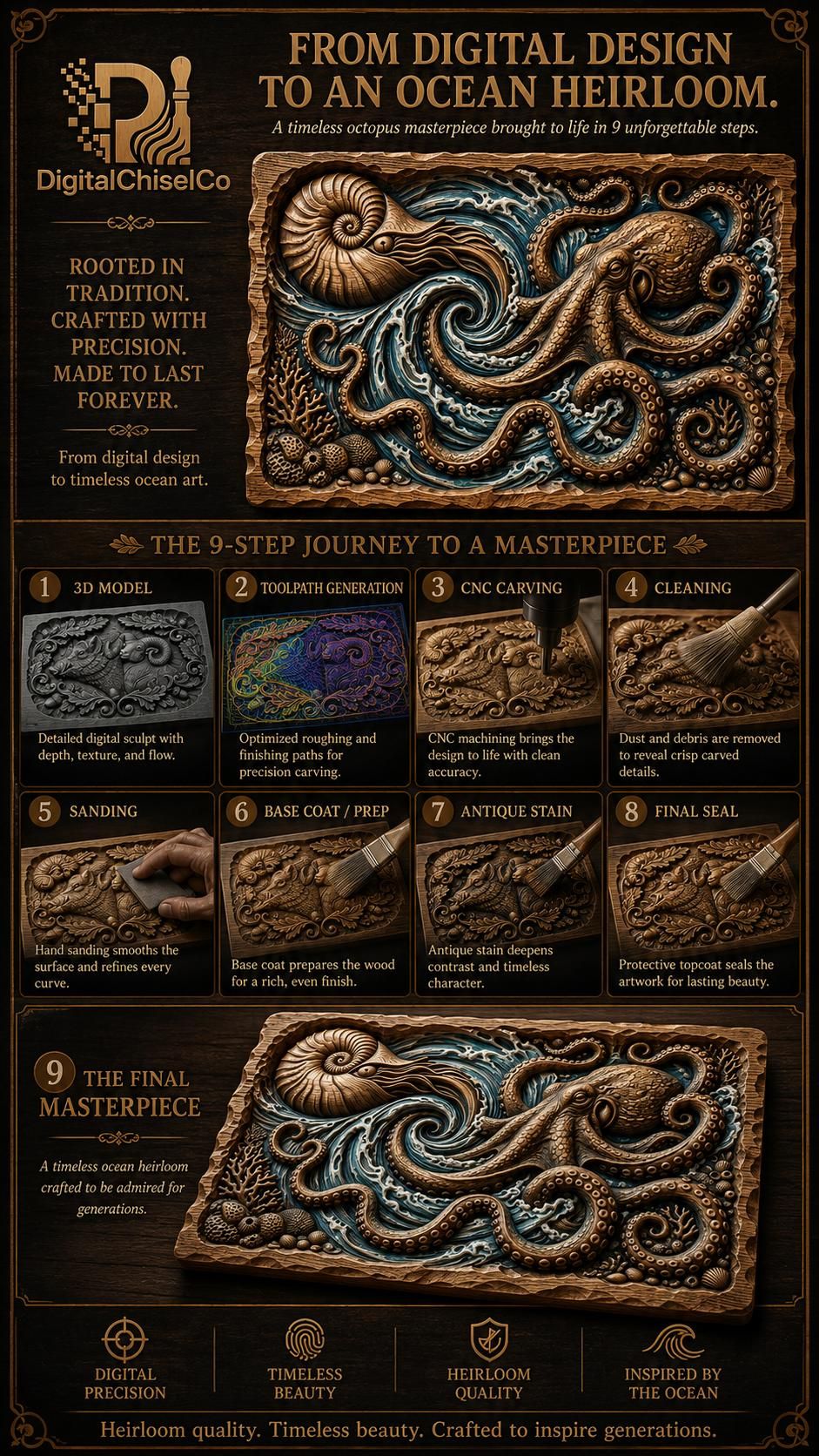 Octopus and Crashing Wave Bas-Relief Ocean Carving bas-relief STL — view 5
