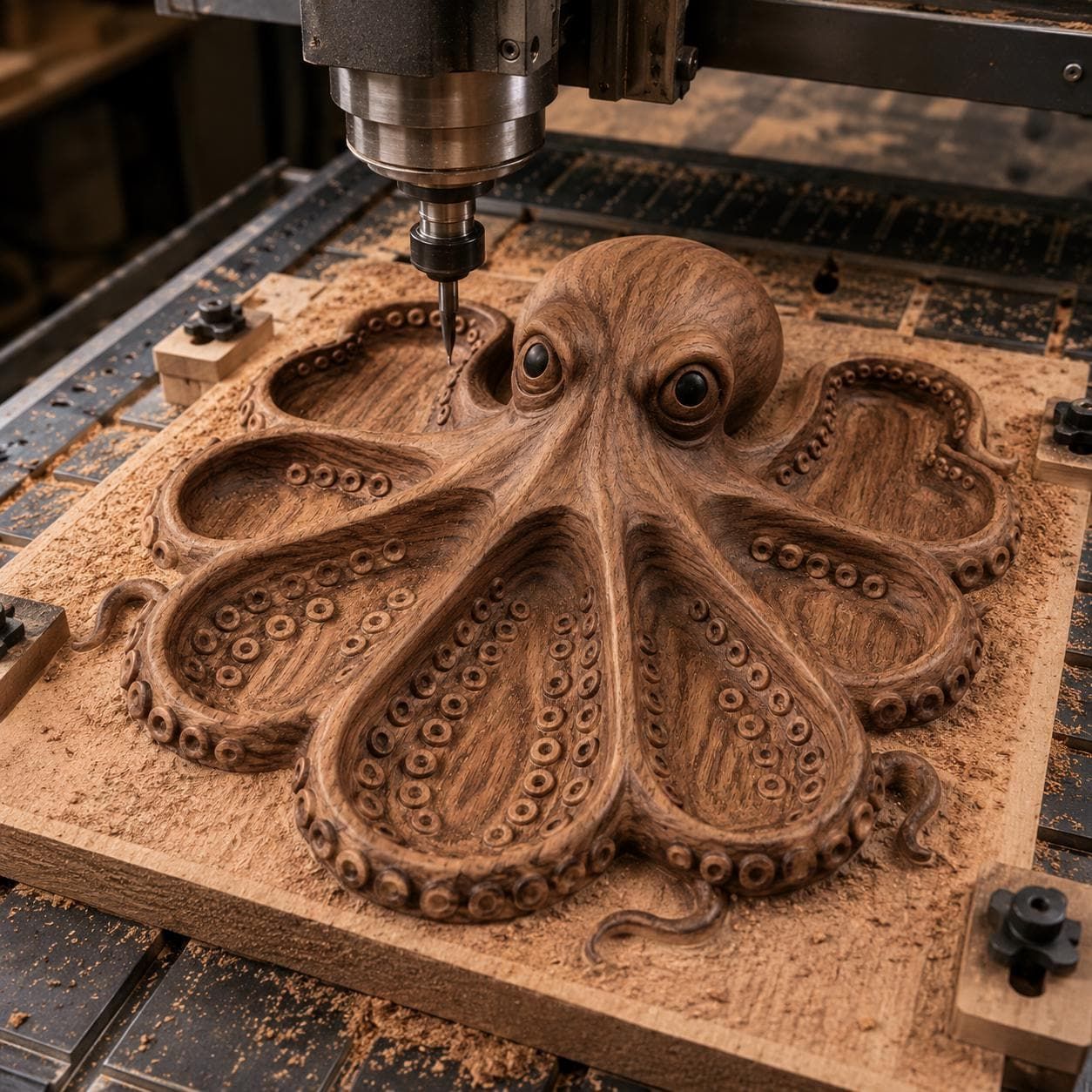 Carved walnut octopus serving tray with eight tentacle wells and detailed suckers on a CNC router bed