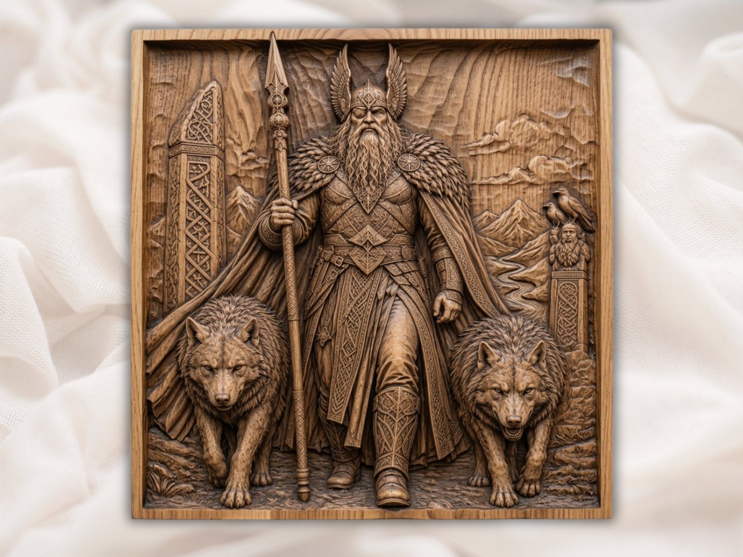 Odin Allfather Norse Viking Mythology CNC Relief STL | Ancient Warrior Wall Art Panel | Gungnir Spear Nordic Wood Decor — carved bas relief STL file for CNC