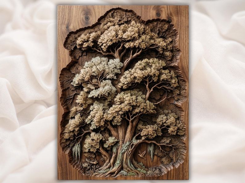 Bas-relief wood carving of an old oak tree with layered leafy canopy, twisted trunk, and exposed roots.