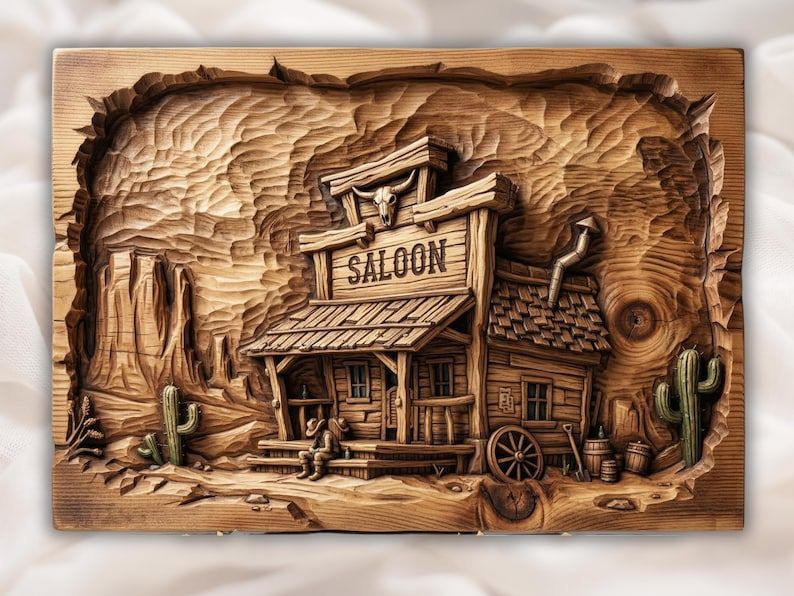 Carved wood bas-relief of an old west saloon building with desert mesas, cactus, and a wagon wheel