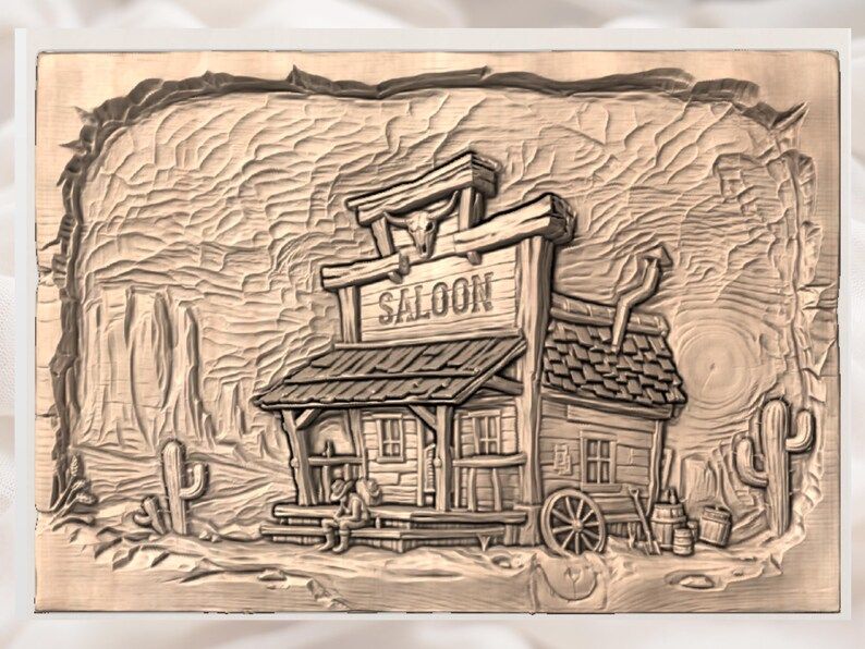 Old West Saloon Scene Bas-Relief STL for CNC and 3D Printing bas-relief STL — view 3