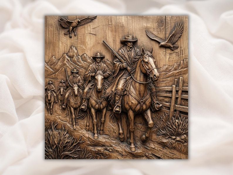 Carved wood bas-relief of cowboys riding horses with rifles, hawks overhead, mountains and ranch fence behind.