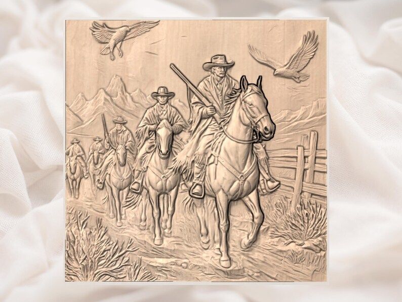 Cowboy Posse on Horseback Bas-Relief STL Carving bas-relief STL — view 2