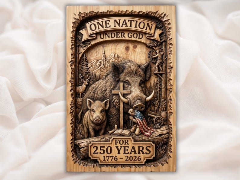 Carved relief of a wild boar and piglet with a cross, kneeling flag figure, and One Nation Under God banner