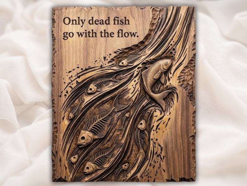 Carved wood relief of dead fish skeletons drifting downstream while one live fish swims against the flowing current