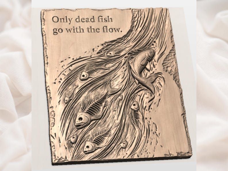 Only Dead Fish Go With the Flow Fish Skeleton Relief STL bas-relief STL — view 2