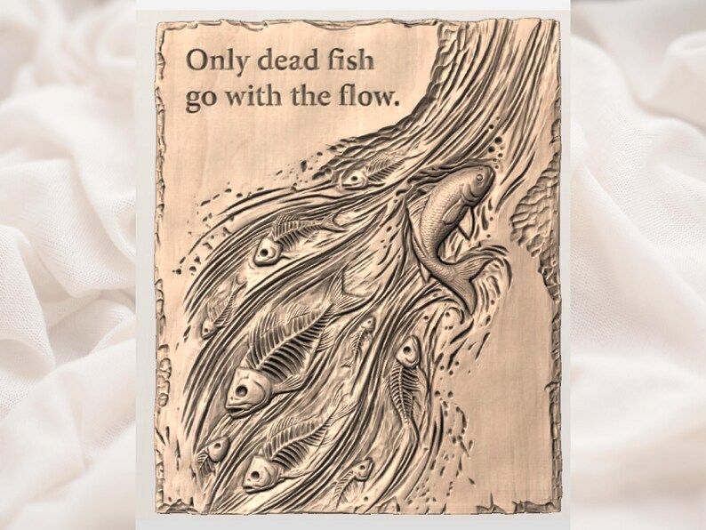 Only Dead Fish Go With the Flow Fish Skeleton Relief STL bas-relief STL — view 3