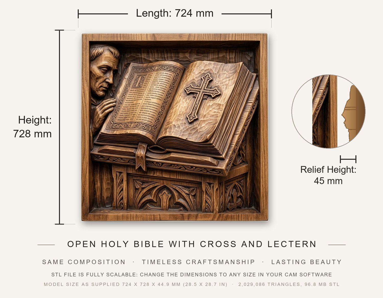 Open Holy Bible with Cross and Lectern CNC Relief STL bas-relief STL — view 3