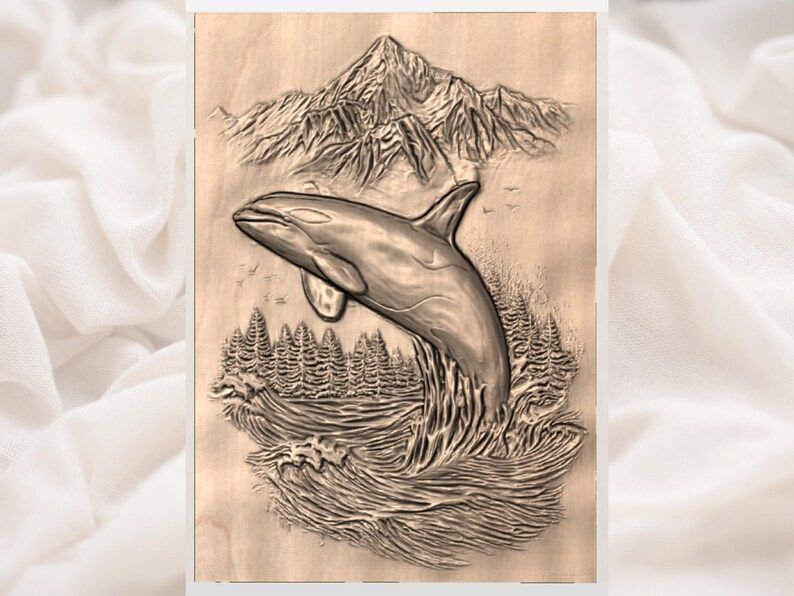 Breaching Orca Over Ocean Waves and Mountains 3D Relief STL bas-relief STL — view 2