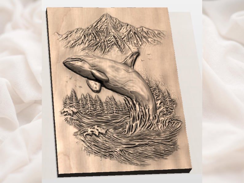 Breaching Orca Over Ocean Waves and Mountains 3D Relief STL bas-relief STL — view 3