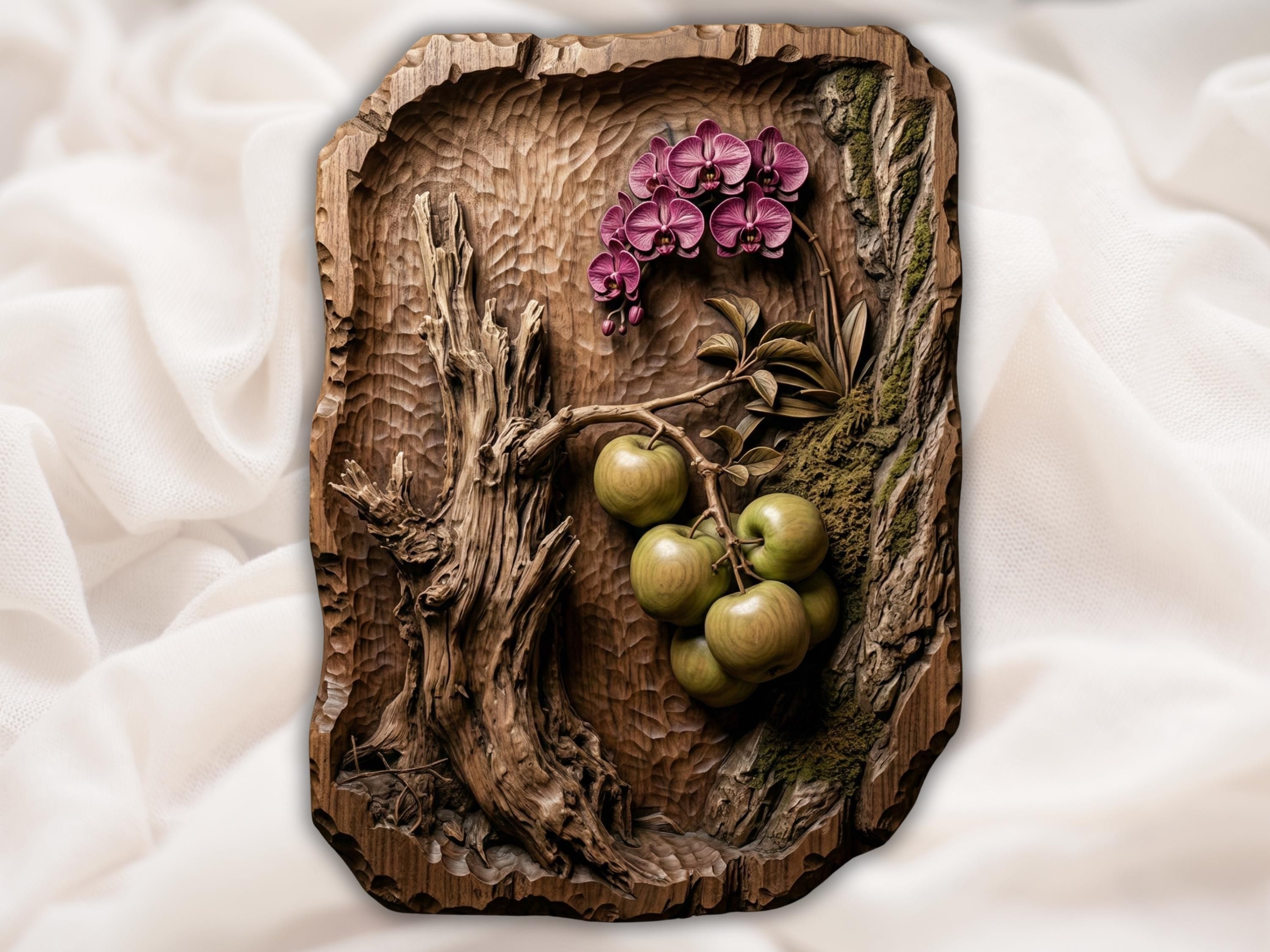 Carved bas-relief of pink orchids and green apples hanging from a weathered branch in rugged wood