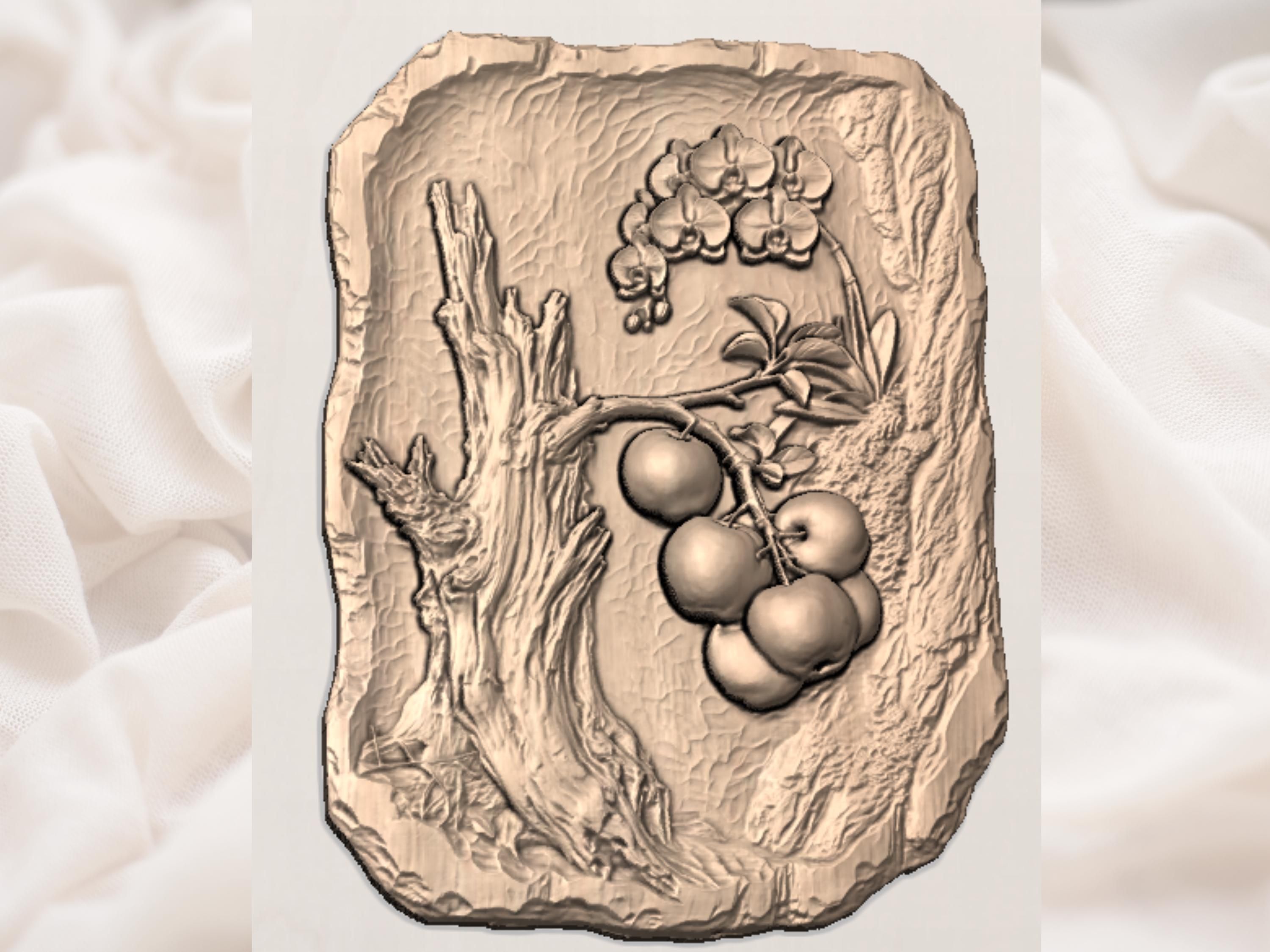 Orchid and Green Apple Branch Bas-Relief STL Carving bas-relief STL — view 2