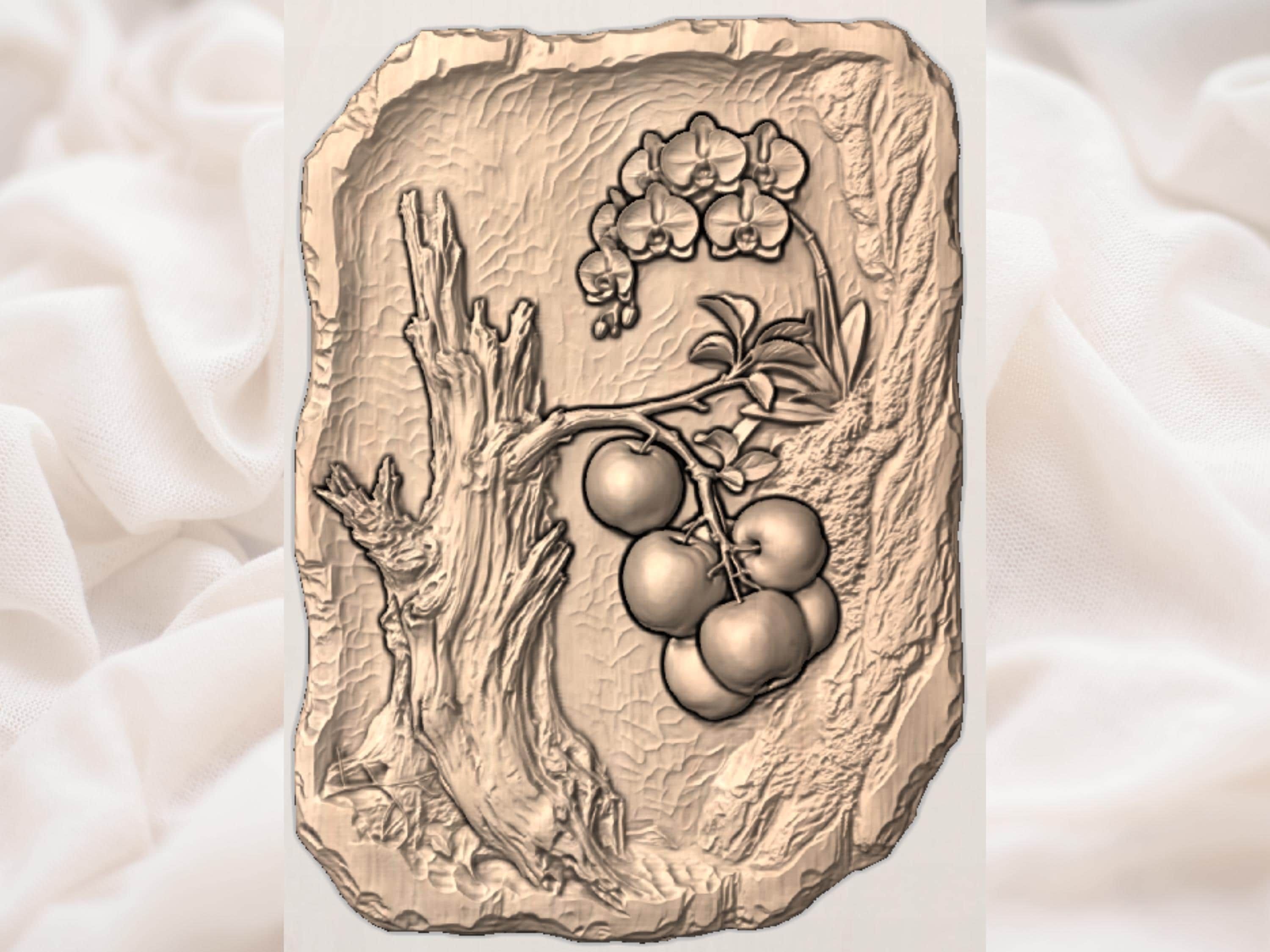 Orchid and Green Apple Branch Bas-Relief STL Carving bas-relief STL — view 3