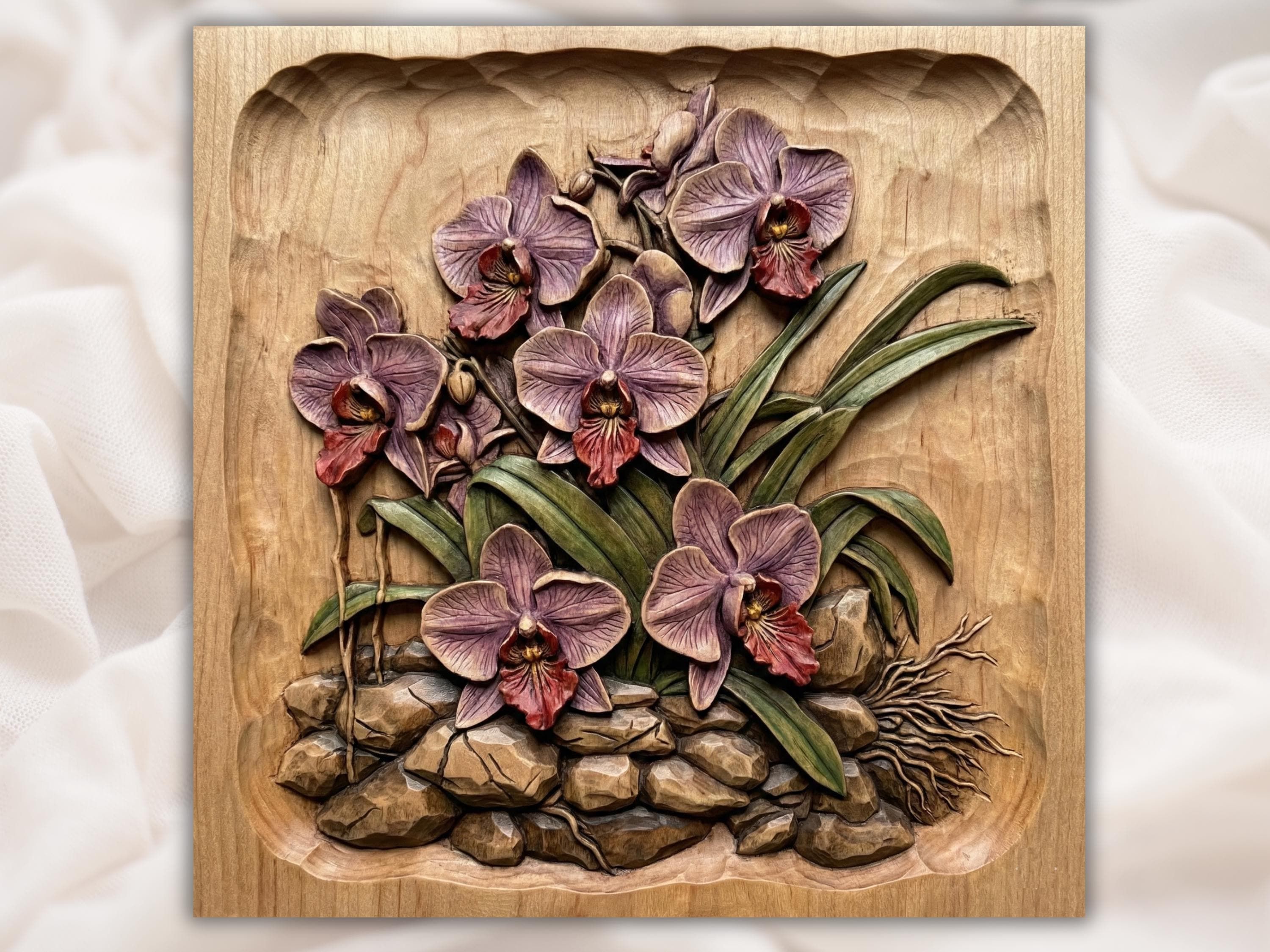 Bas-relief wood carving of purple orchids with red centers rising above river stones and green leaves