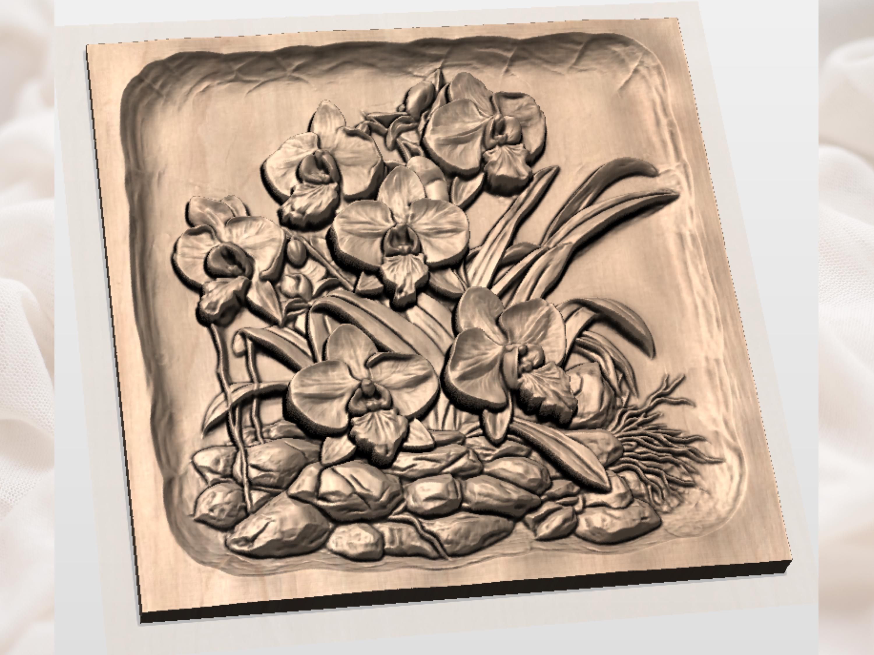 Orchid Cluster on River Stones Bas-Relief STL Carving bas-relief STL — view 2