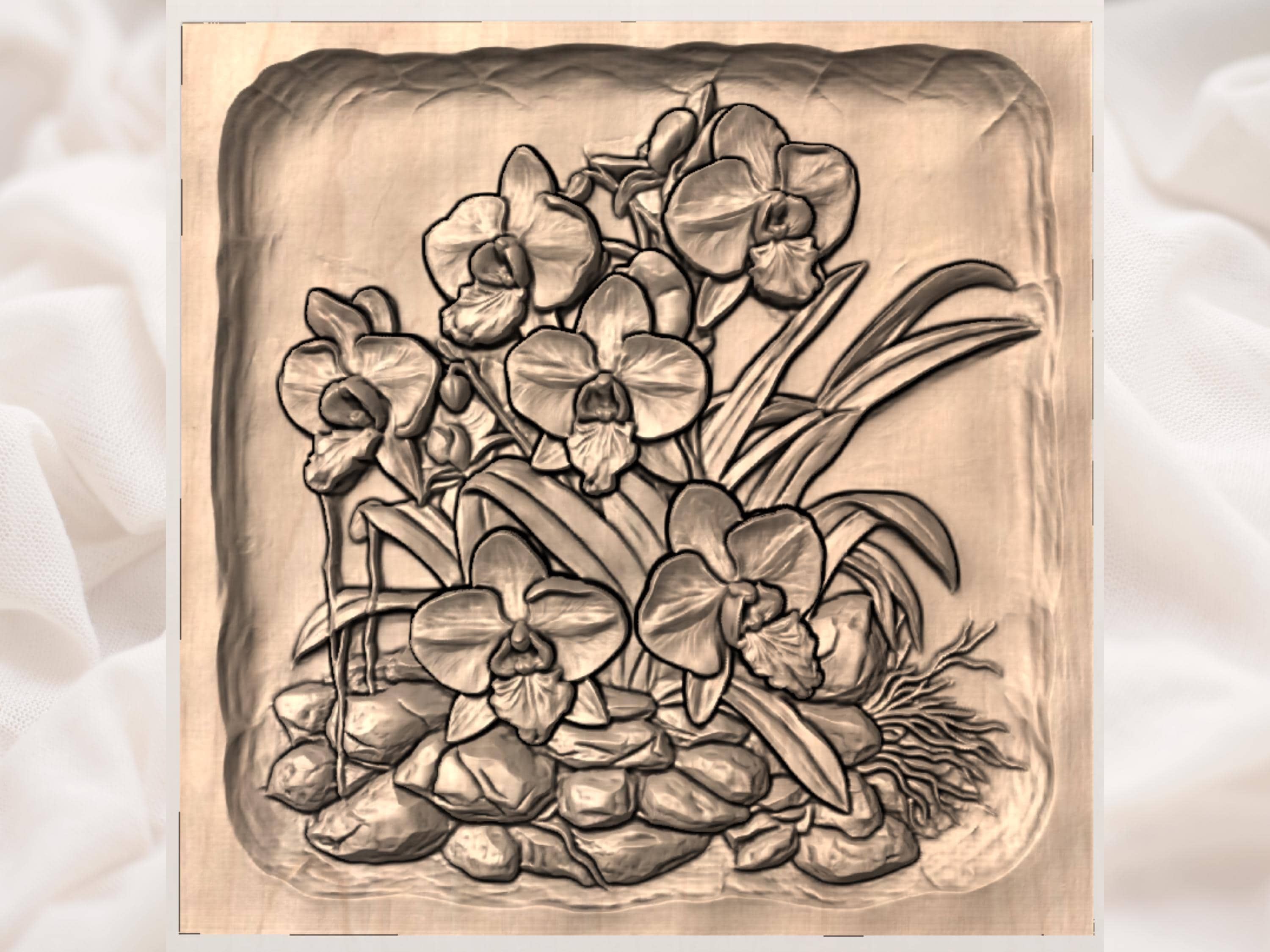 Orchid Cluster on River Stones Bas-Relief STL Carving bas-relief STL — view 3