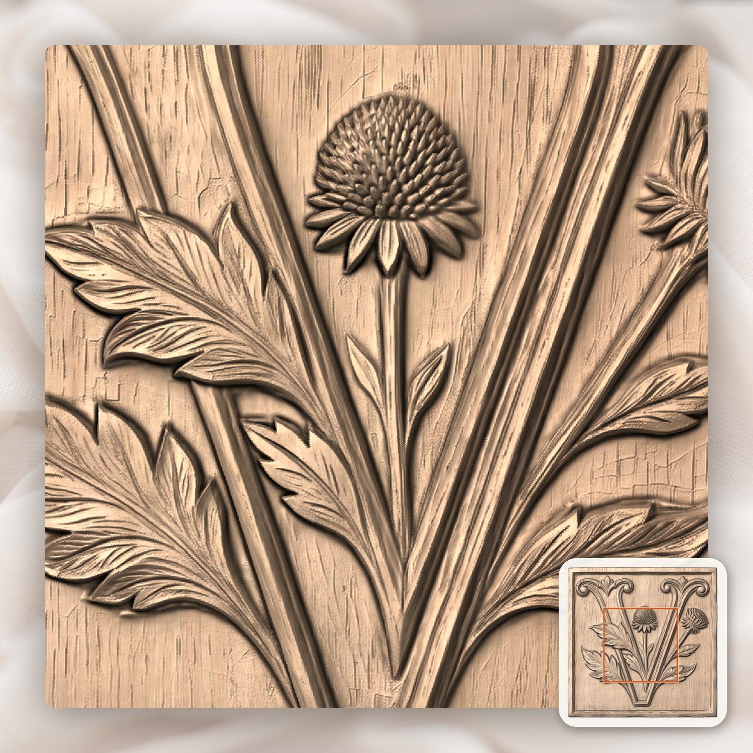 Ornate Botanical Monogram V CNC Relief STL bas-relief STL — view 4