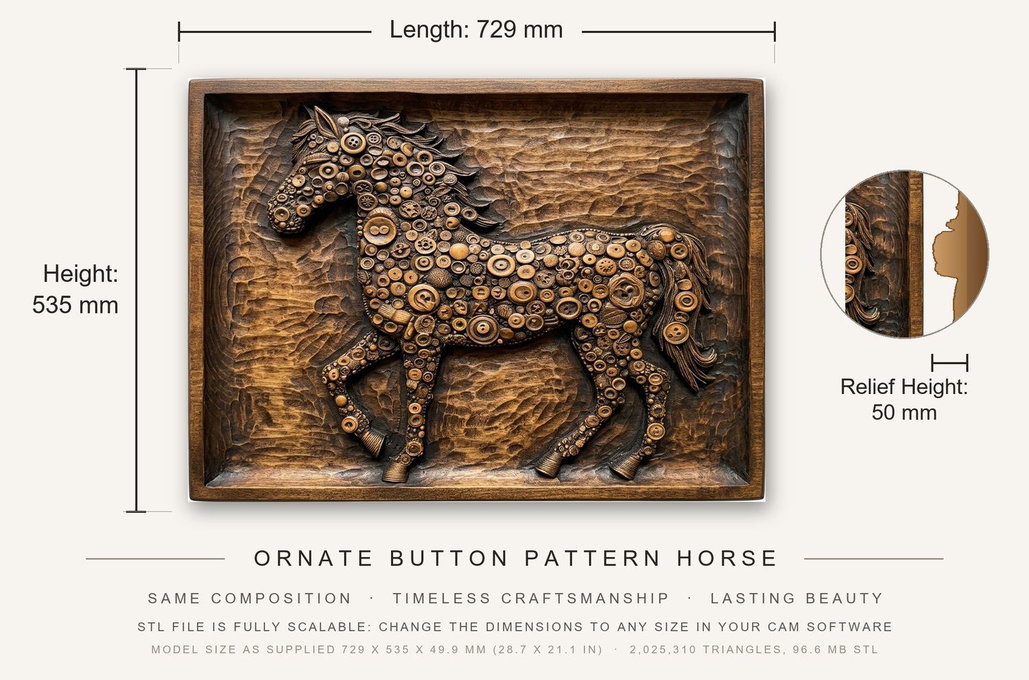 Ornate Button Pattern Horse CNC Relief STL bas-relief STL — view 3