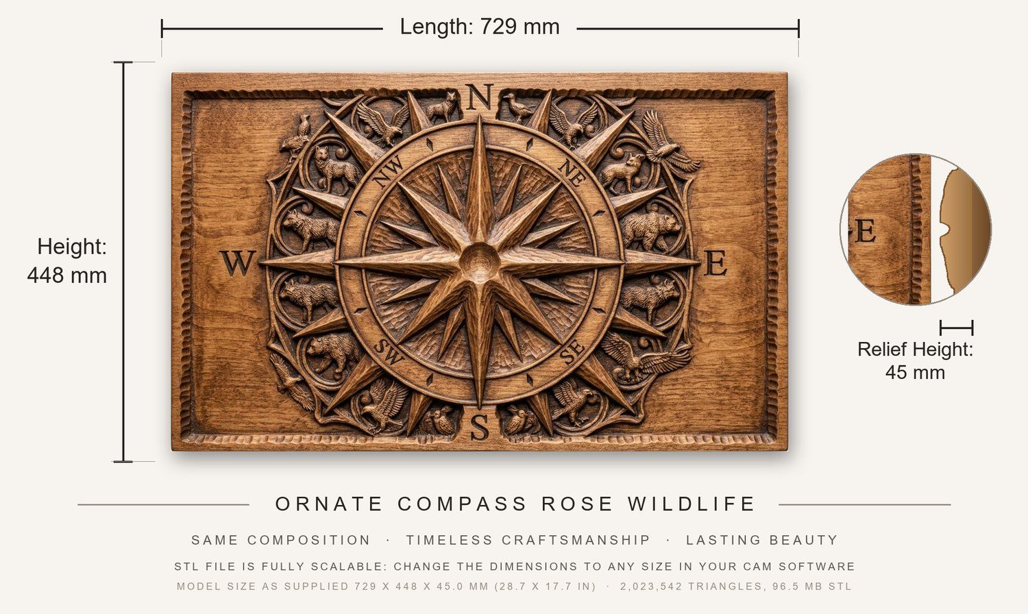 Ornate Compass Rose Wildlife CNC Relief STL bas-relief STL — view 3