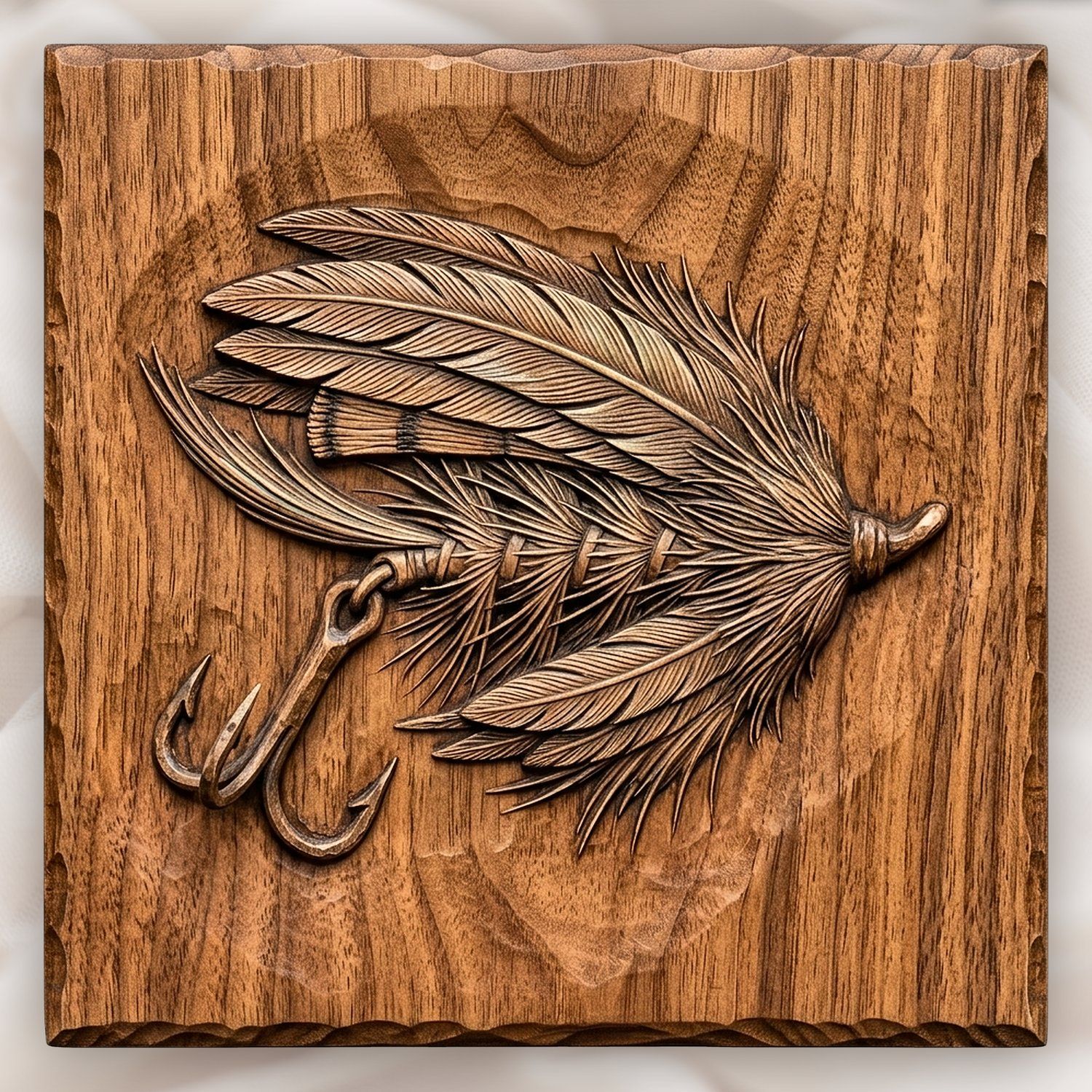 Ornate Feathered Fishing Lure CNC Relief STL | Rustic Angler Wall Art | Fly Fishing Lodge Decor Panel — carved bas relief STL file for CNC