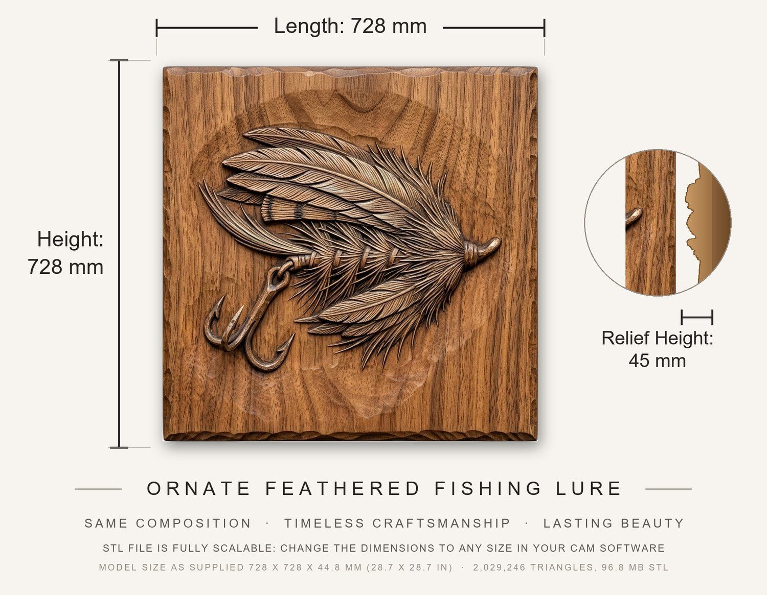 Ornate Feathered Fishing Lure CNC Relief STL bas-relief STL — view 3
