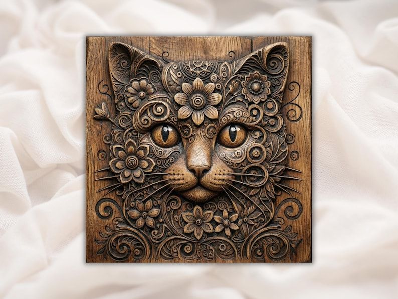 Bas-relief carving of a cat face decorated with flowers and mandala scrollwork in wood grain