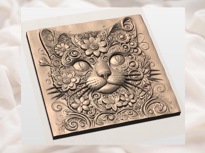 Ornate Floral Cat Face Bas-Relief STL with Mandala Scrollwork bas-relief STL — view 2