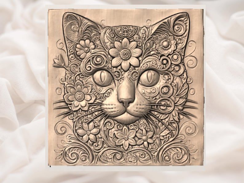 Ornate Floral Cat Face Bas-Relief STL with Mandala Scrollwork bas-relief STL — view 3