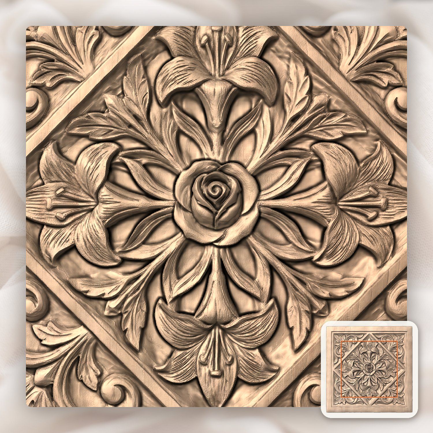 Ornate Floral Diamond Rose and Lily CNC Relief STL bas-relief STL — view 5