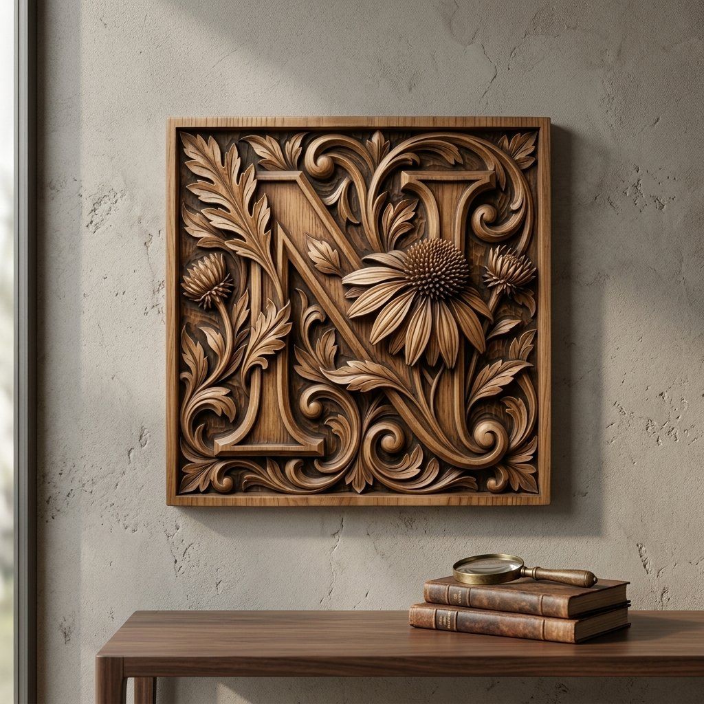 Ornate Floral Monogram Letter N CNC Relief STL bas-relief STL — view 12